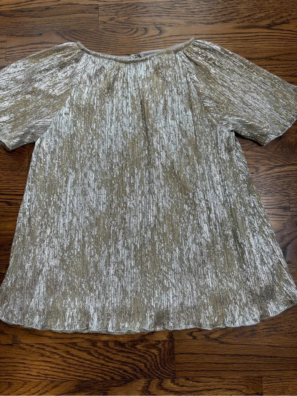ZARA Kids Metallic Silver Gold Champagne Shimmer Plisseé Short Sleeve Top 11-12